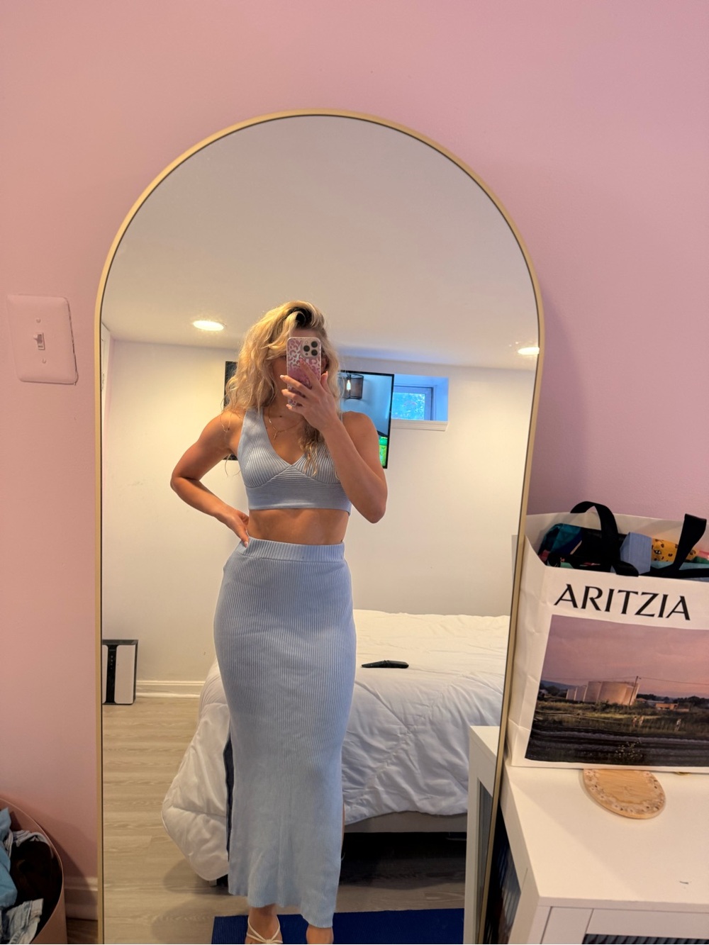 Light Blue Ribbed Maxi Skirt Set